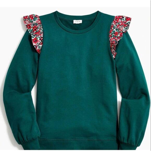 J. Crew Women’s Small Floral Ruffle Sleeve Sweater Green Crewneck Cottage - Picture 1 of 10